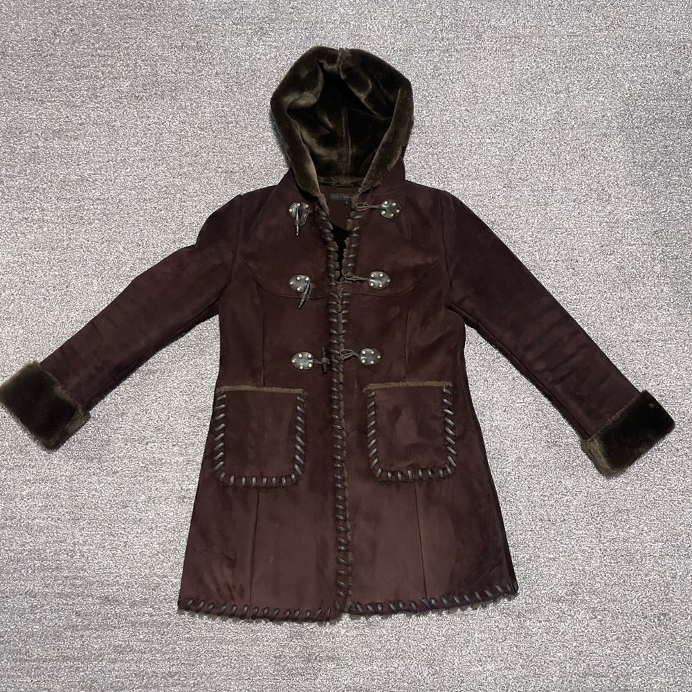 Via Spiga Faux Shearling Coat Long Dark Brown Sz Large Hooded